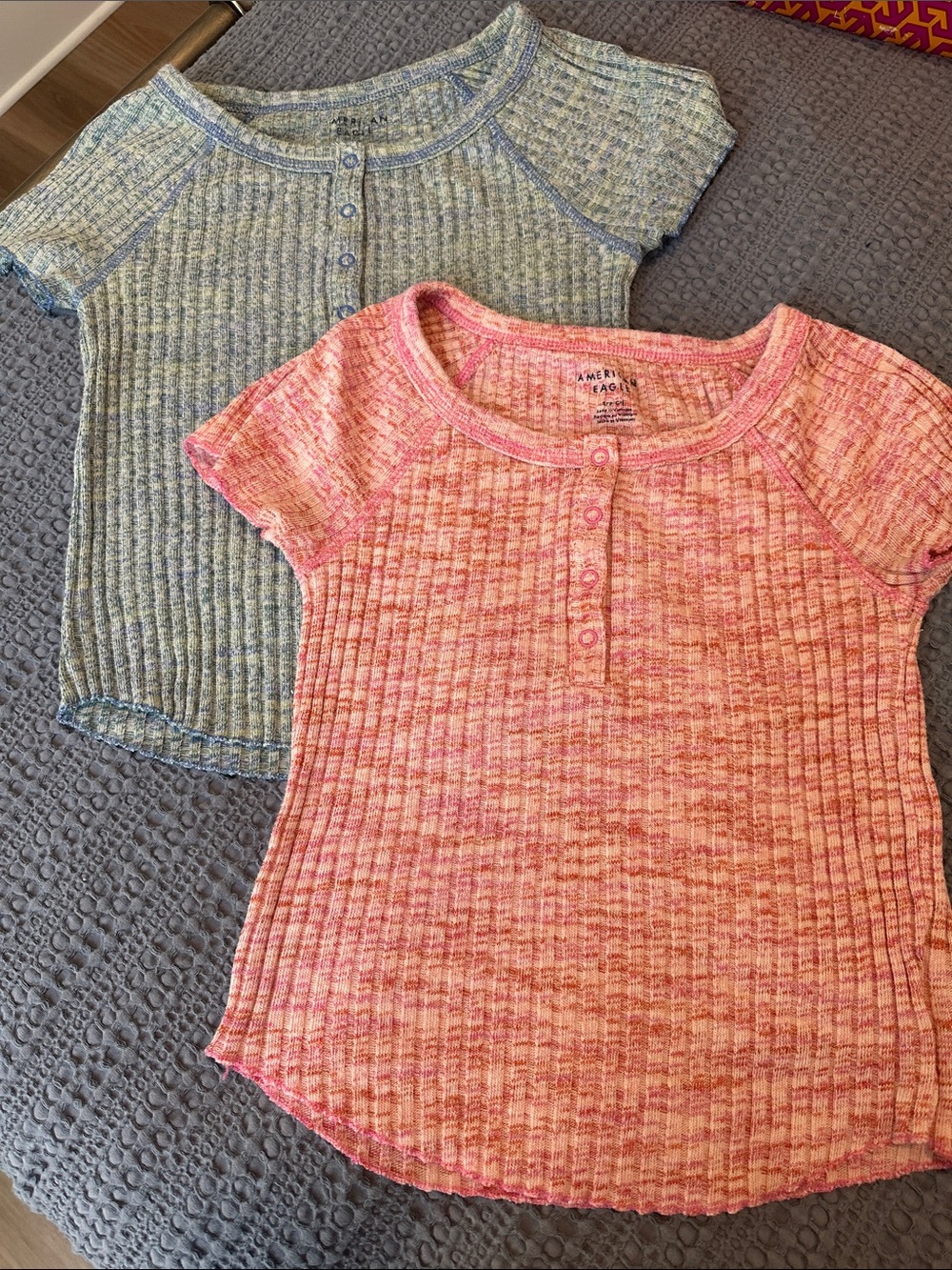 American Eagle Outfitters Girls Pink & Light Blue Ribbed Henley Tops